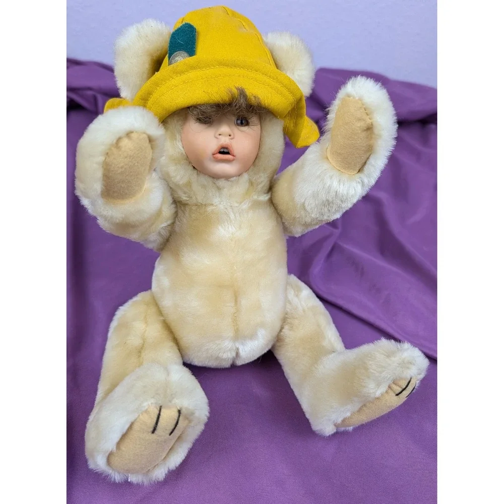 VTG 90s Plush Porcelain Human Faced Teddy Bear Hair Eyelashes Brass Button Hat